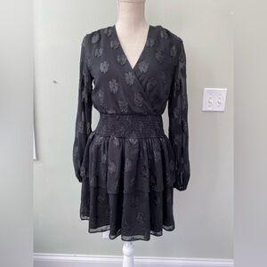 DO+BE SMALL TIERED RUFFLE MINI DRESS LONG SLEEVE METALLIC ACCENTS SMOCK WAIST